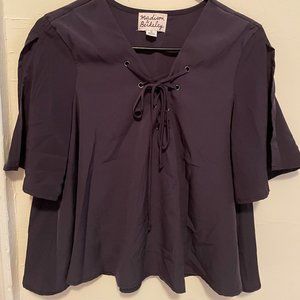 Split Sleeve Tie Neck Purple Flowy Top